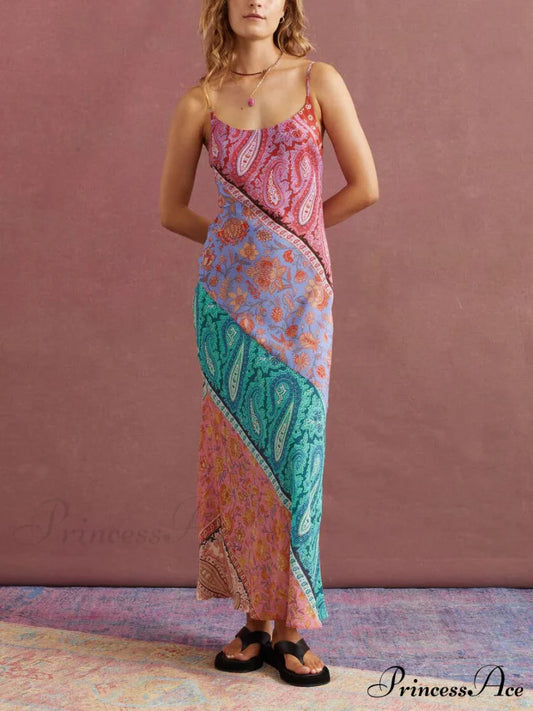 Sexy U-Neck Backless Bosnian Graceful Print Suspender Maxi Dress Multicolor / S