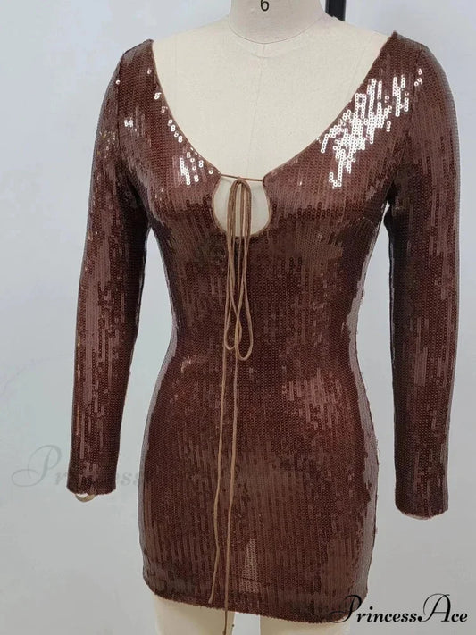 Sexy V Neck Long Sleeves Backless Sequin Mini Dress Women Christmas Party Dress Chocolate / XS