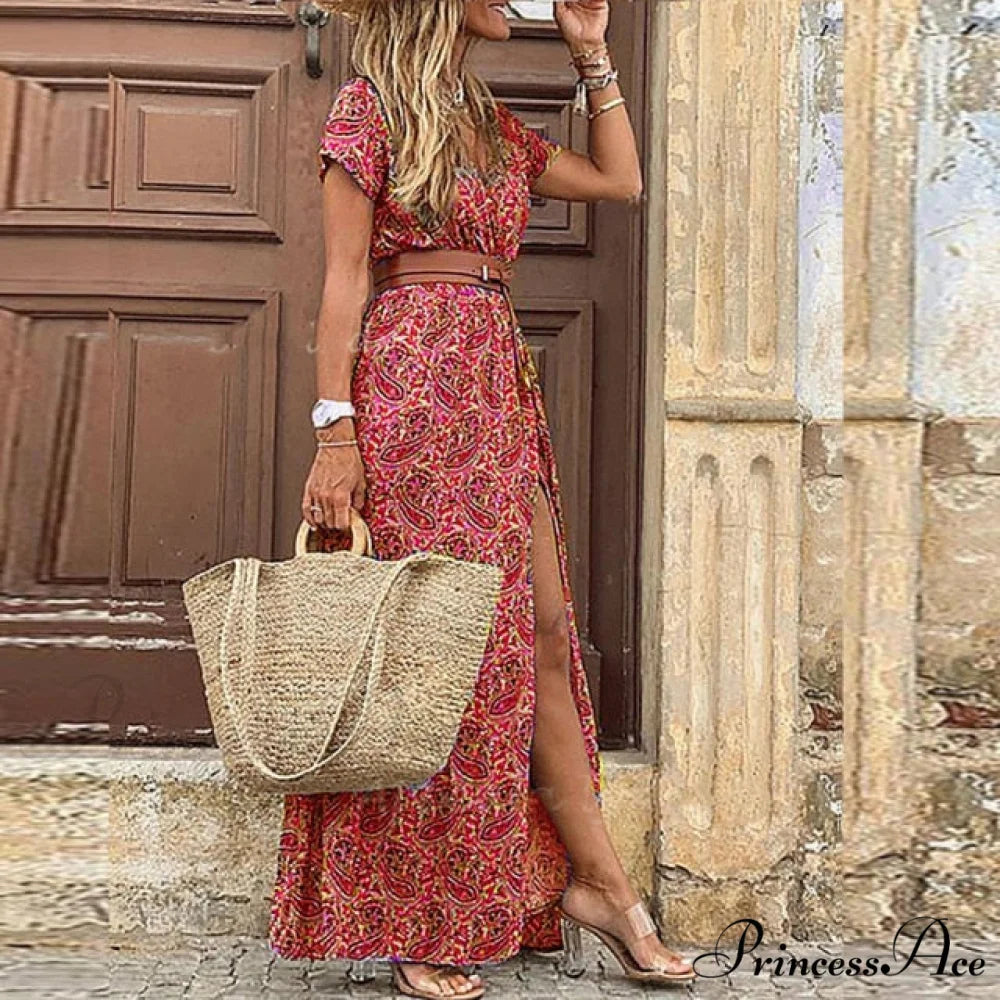 Sexy V-neck Short Sleeve Belted Maxi Dress Dark red / S