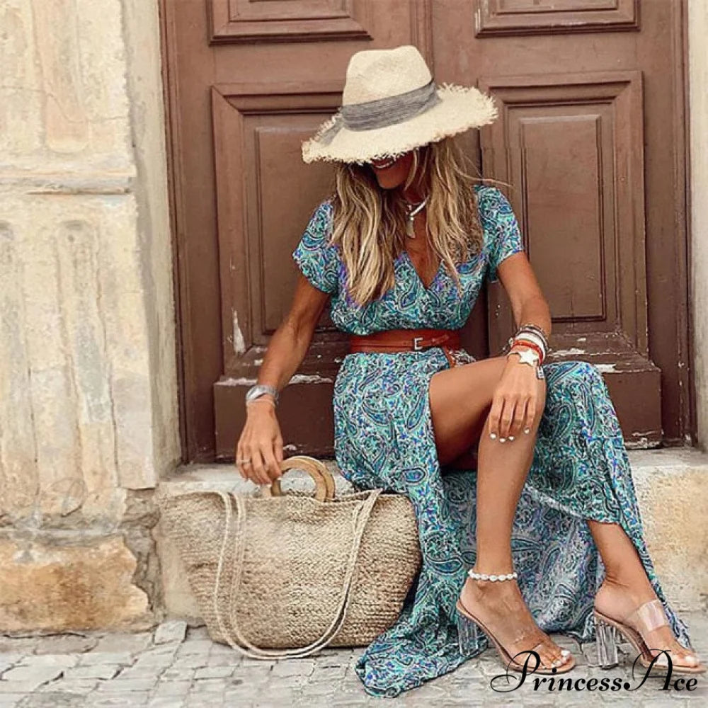 Sexy V-neck Short Sleeve Belted Maxi Dress Green / S