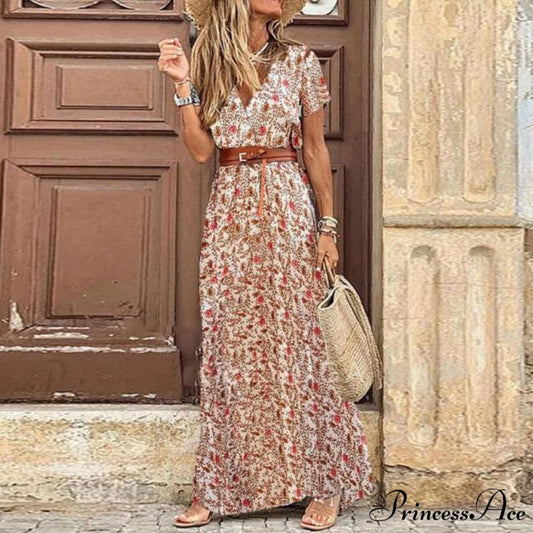 Sexy V-neck Short Sleeve Belted Maxi Dress Red / S