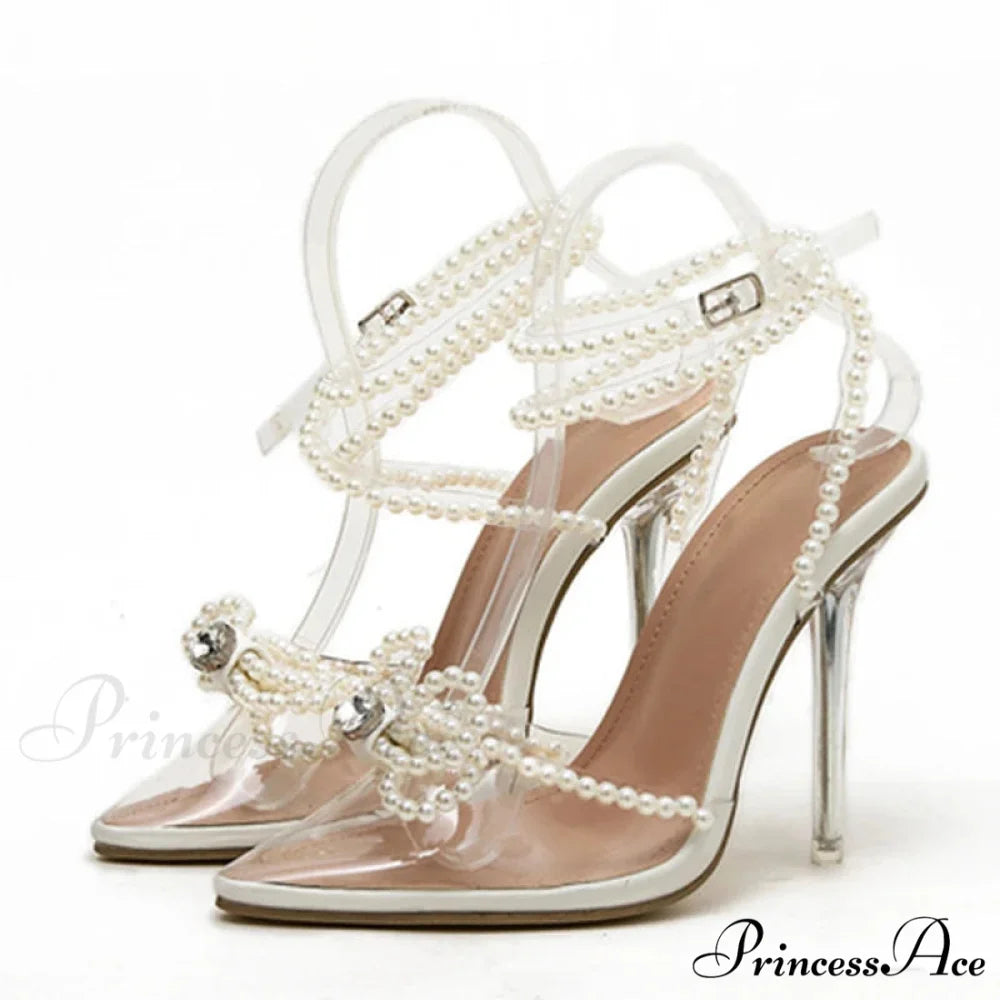 Sexy White String Bead Transparent High Heels Summer Fashion Butterfly-Knot Clear Sandals Pointed Toe Pumps White / 35
