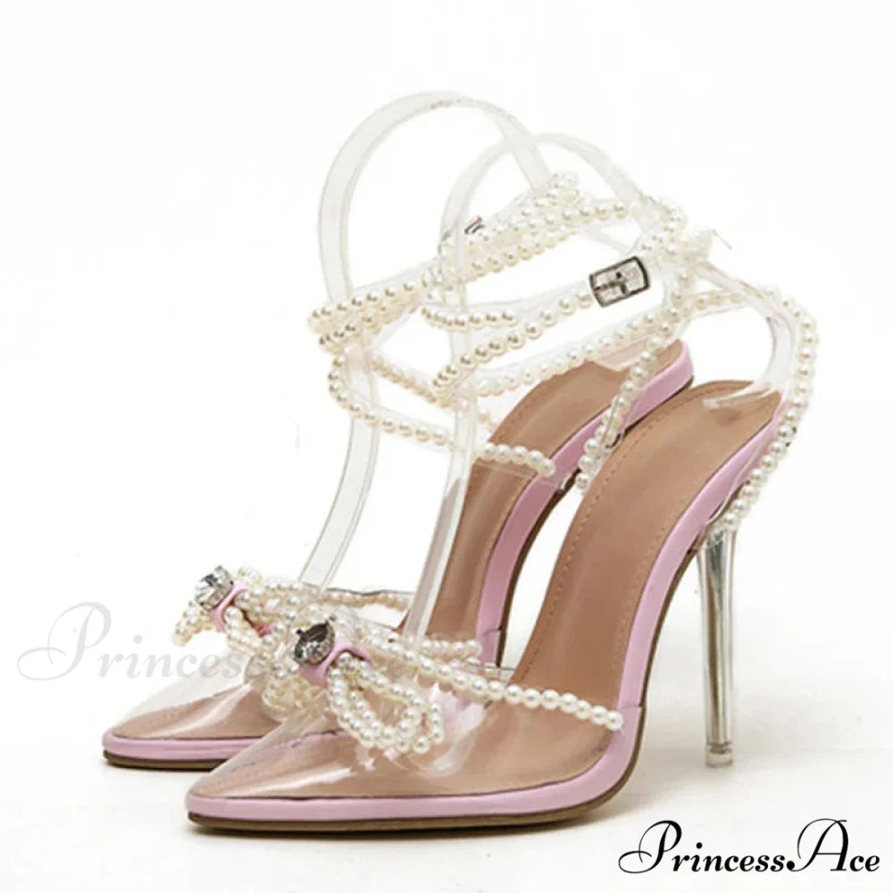 Sexy White String Bead Transparent High Heels Summer Fashion Butterfly-Knot Clear Sandals Pointed Toe Pumps Pink / 35