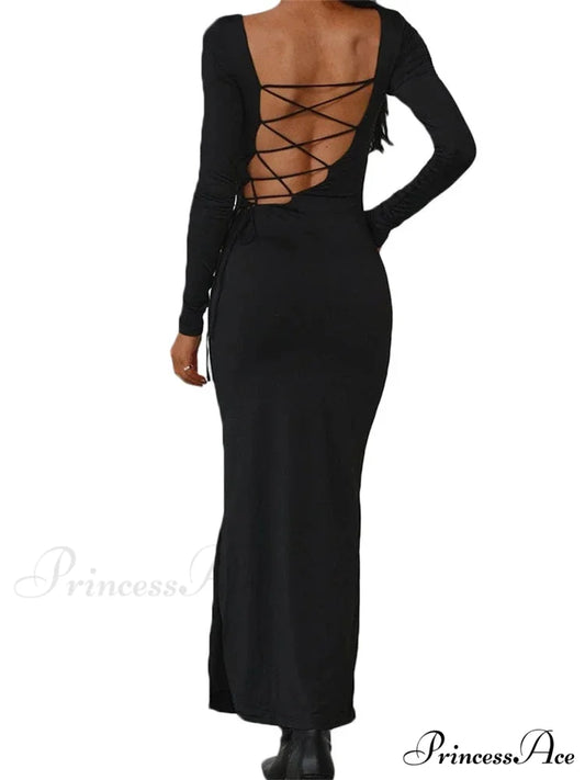 Sexy Women Backless Hollow Out Criss-cross Tie-up Sleeve Black Solid Slim Fit Party Vestidos Black / S