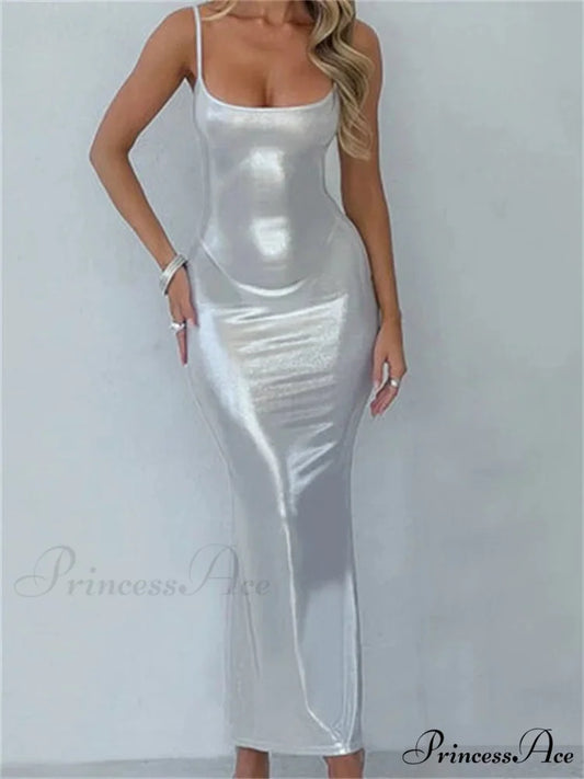 Sexy Women Bodycon Solid Metallic Sleeveless Strap Summer Backless Party Female Vestidos Streetwear SILVER / S