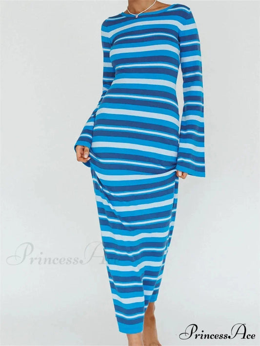 Sexy Women Knitted Sleeve Crew Neck Backless Tie-up Striped Print Slim Fit Spring Fall Vestidos BLUE / S