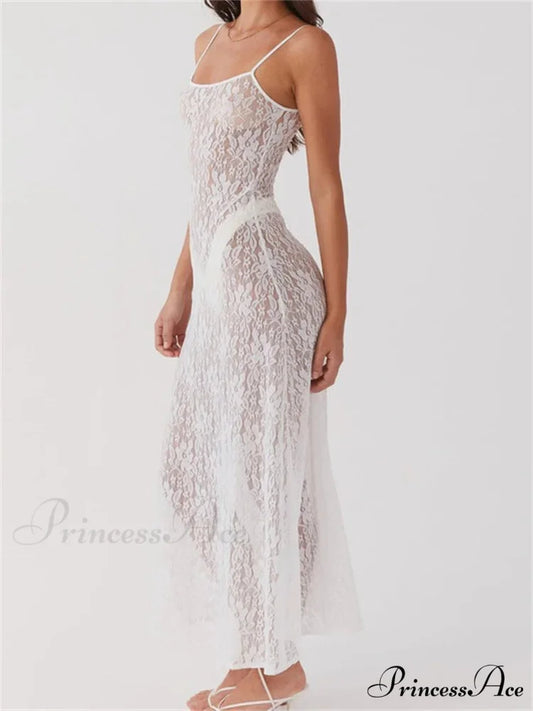 Sexy Women Lace Floral Sexy Mesh See Through Summer Sleeveless Strap White Beach Female Vestido WHITE / S