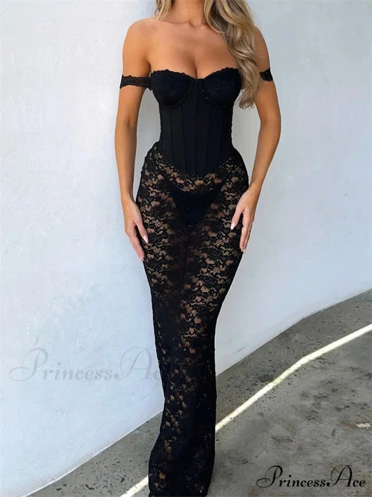 Sexy Women Lace Party Strapless Backless Patchwork See Through Black Slim Cocktail Vestidos New BLACK / S