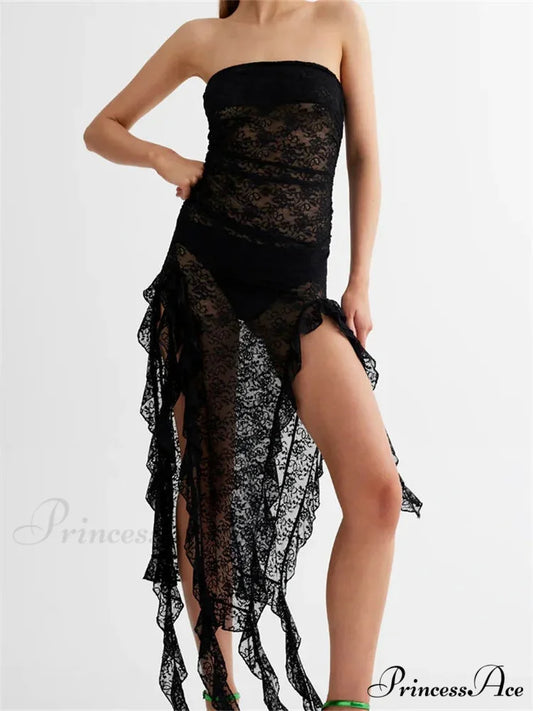 Sexy Women Lace Tube Strapless Off Shoulder Backless See Through Irregular Hem Split Tassels Clubwear New Black / S