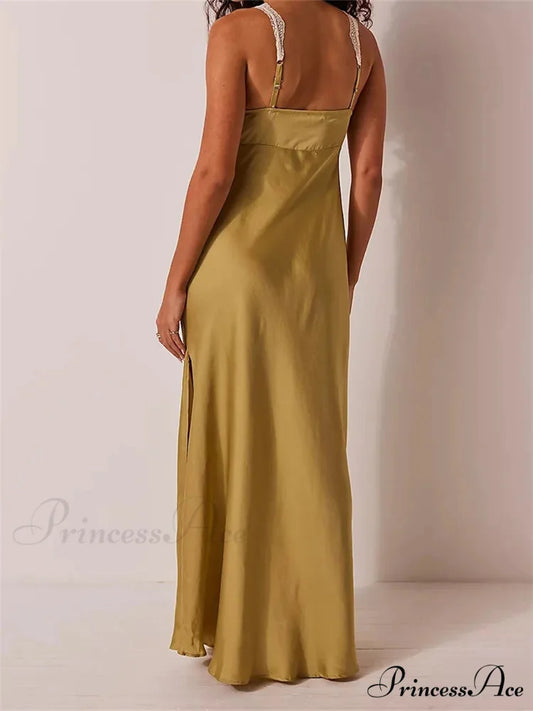 Sexy Women Side High Split Sleeveless Deep V-neck Backless Summer Lace Trim Cocktail Party Vestidos