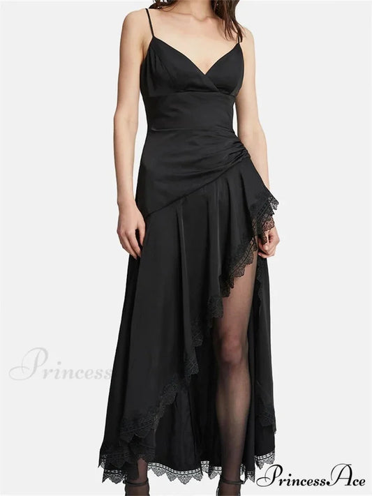 Sexy Women Side High Split Sleeveless Strap V-neck Lace Patchwork Summer Cocktail Party Vestido Black / S