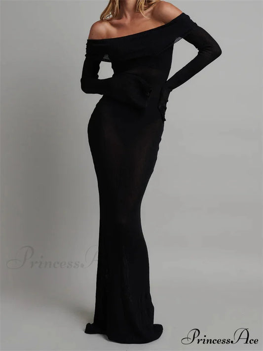 Sexy Women Slash Neck Off Shoulder Party Formal Spring Autumn Sleeve Slim Solid Female Vestidos BLACK / S