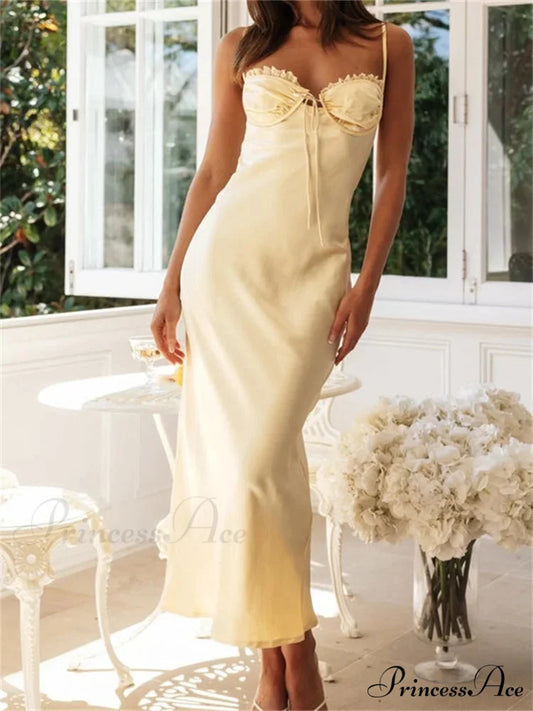 Sexy Women Sleeveless Strap Solid Color Summer Party Ruffles Ruched V-neck Cocktail Female Vestidos BEIGE / S