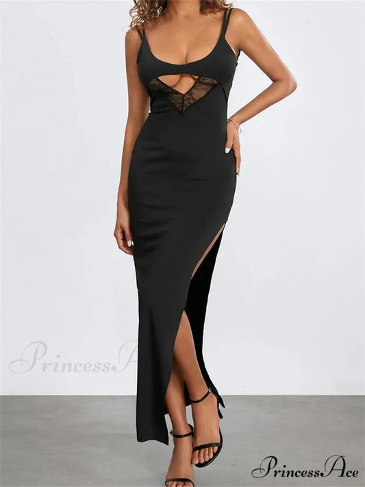 Sexy Women Summer Slim Sleeveless Lace Patchwork Low Cut Cutout Side High Split Summer Party Vestido BLACK / S
