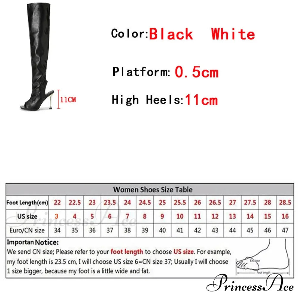 Sexy Zip Metal Thin Heel Thigh High Over The Knee Boots - Open Toe Leather - Ladies Party Club Stripper Shoes