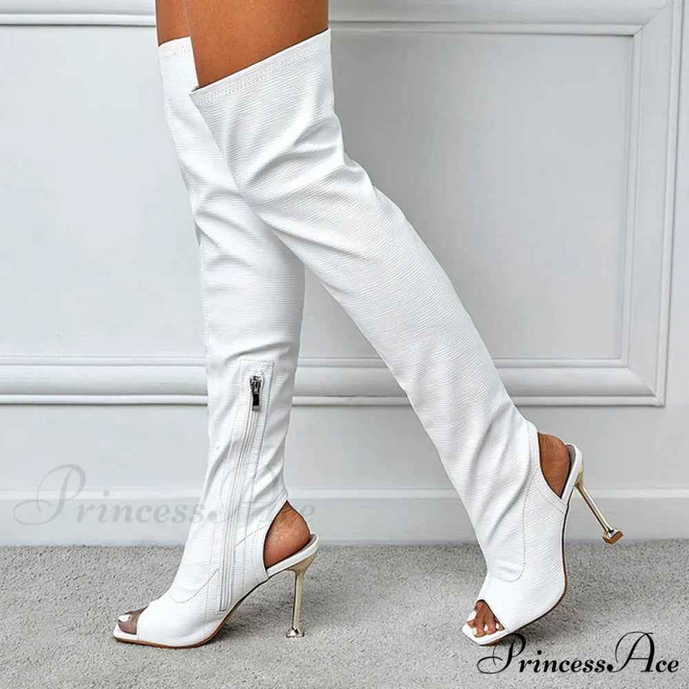 Sexy Zip Metal Thin Heel Thigh High Over The Knee Boots - Open Toe Leather - Ladies Party Club Stripper Shoes