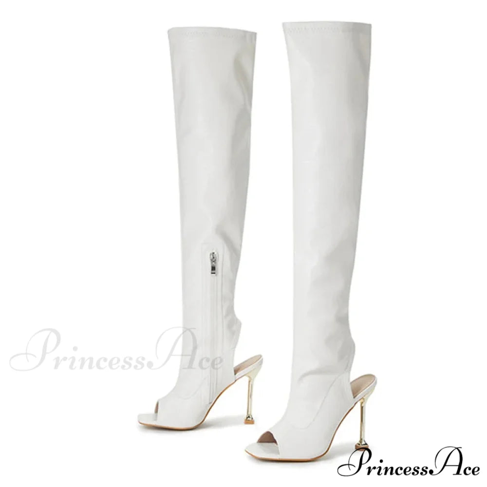 Sexy Zip Metal Thin Heel Thigh High Over The Knee Boots - Open Toe Leather - Ladies Party Club Stripper Shoes White / 35