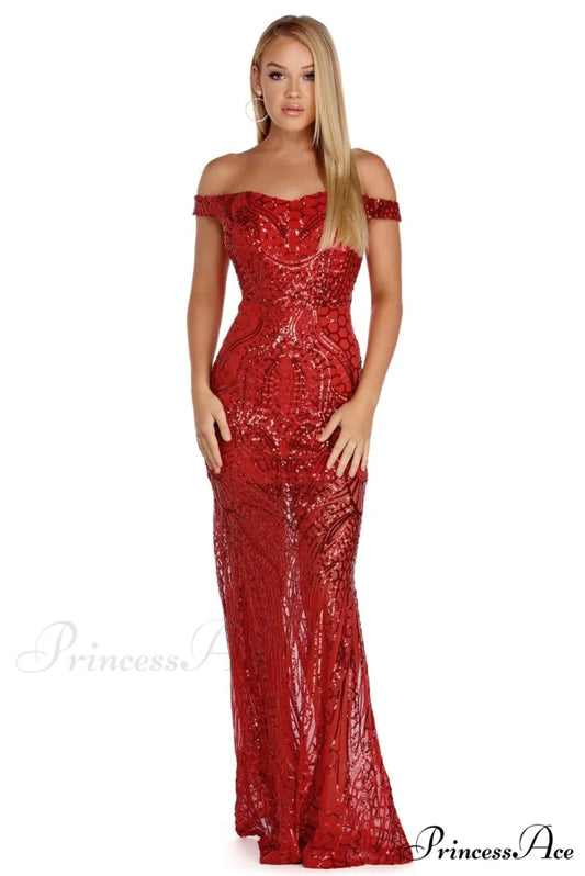Shayla Off The Charming Shoulder Sequin Dress RED / S