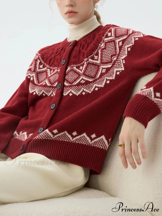 Sheep Wool Round Neck Cable Cardigan Red / XS