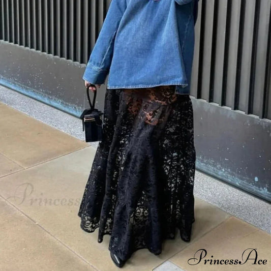 Sheer A-Line Antique Floral Transparent Skirt Black / S skirt-250126