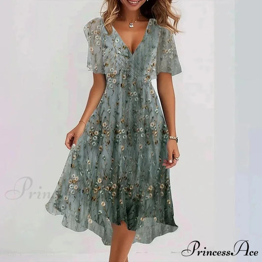 Sheer Blossom Pattern Plunging Neckline Dress Gradient dark green / S oldfloraldress-250126