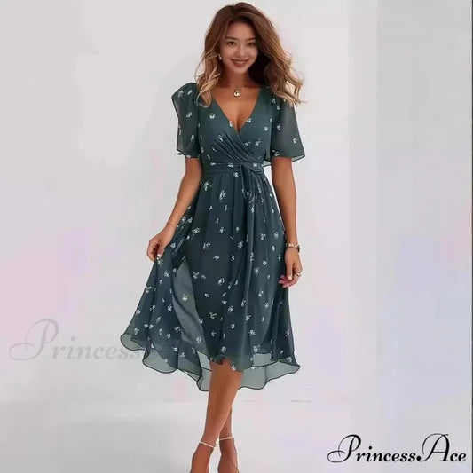 Sheer Blossom Pattern Plunging Neckline Dress oldfloraldress-250126