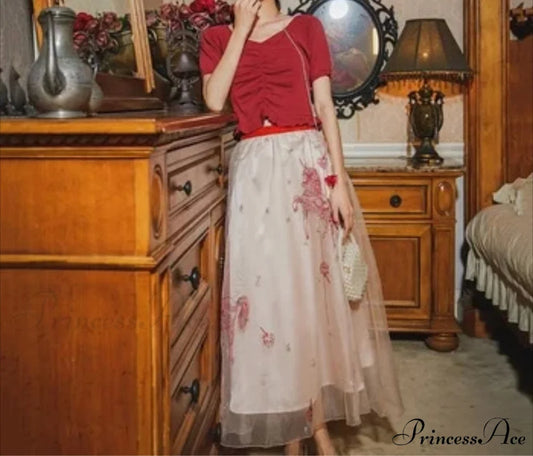 Sheer Blossom Stitched Charming Style Double Tiered Skirt skirt-250126
