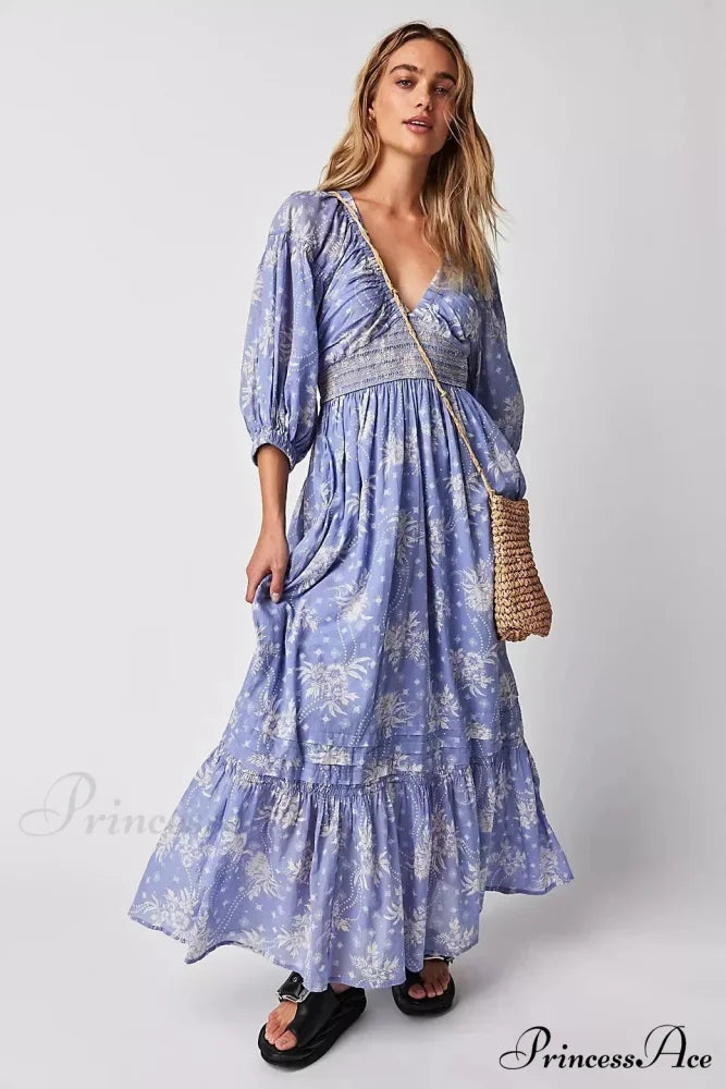 Sheer Extended Sleeve Festive Flower Bohemian Dress bohodress-250126