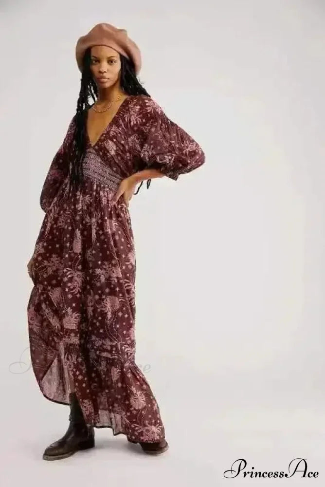 Sheer Extended Sleeve Festive Flower Bohemian Dress bohodress-250126