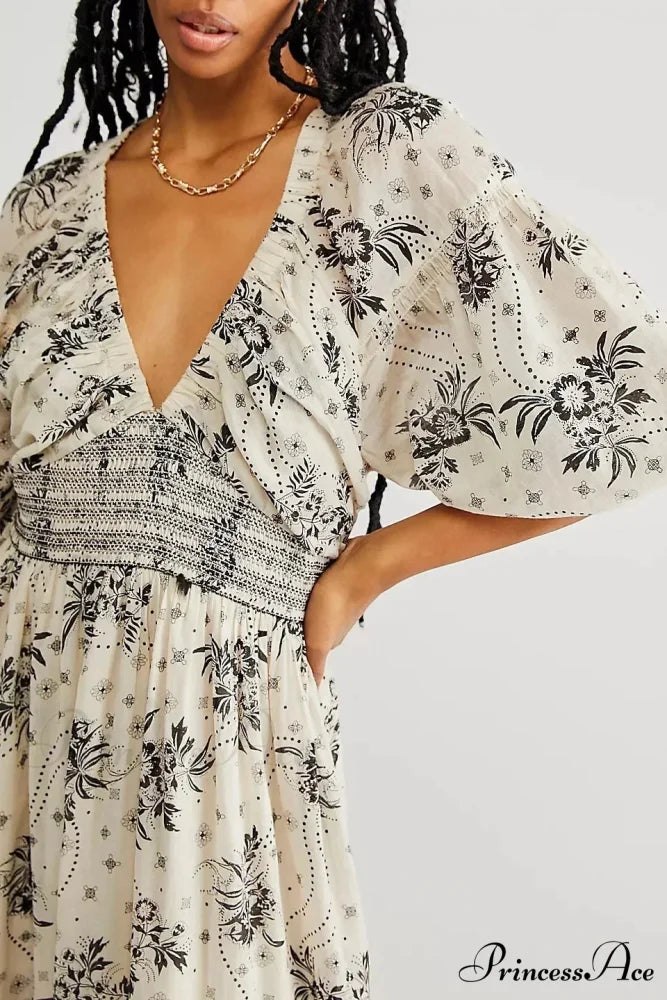 Sheer Extended Sleeve Festive Flower Bohemian Dress White / S bohodress-250126