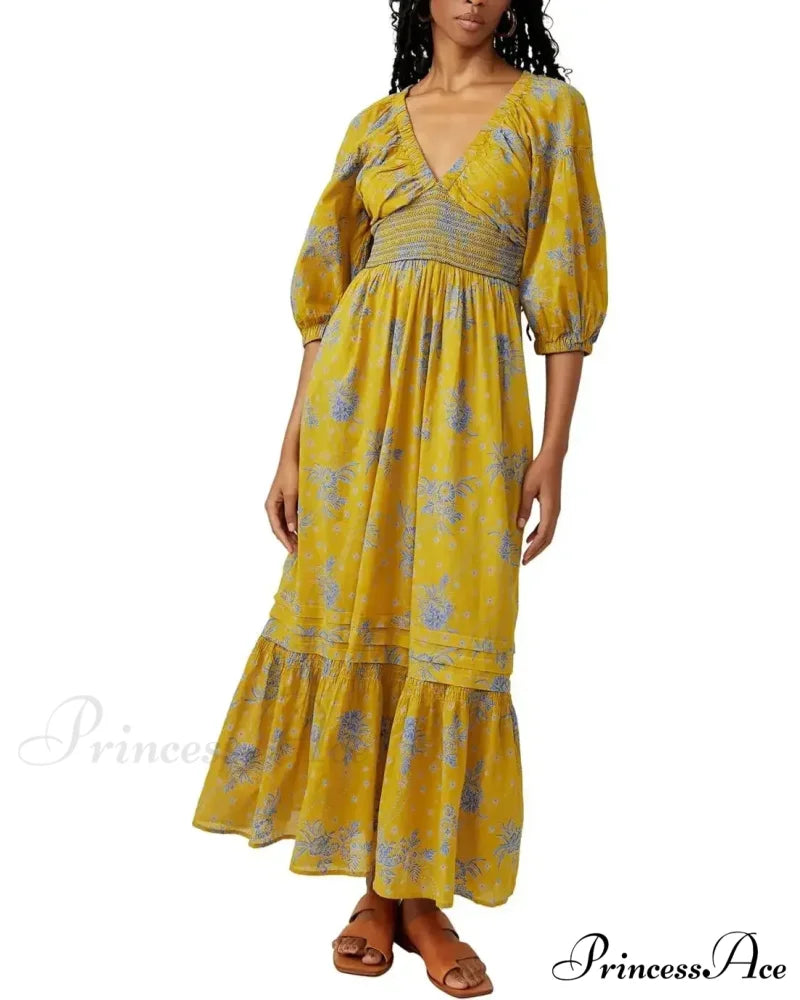 Sheer Extended Sleeve Festive Flower Bohemian Dress Yellow / S bohodress-250126