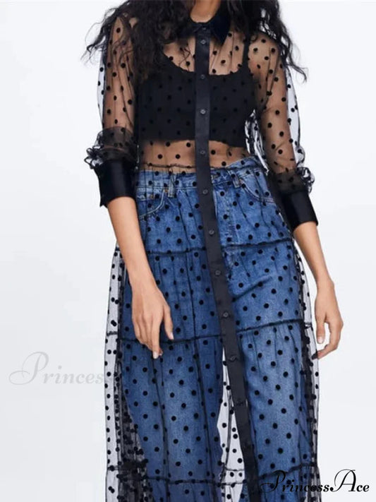 Sheer Lace Cover Up with Polka Dot Pattern for Summer S / Black