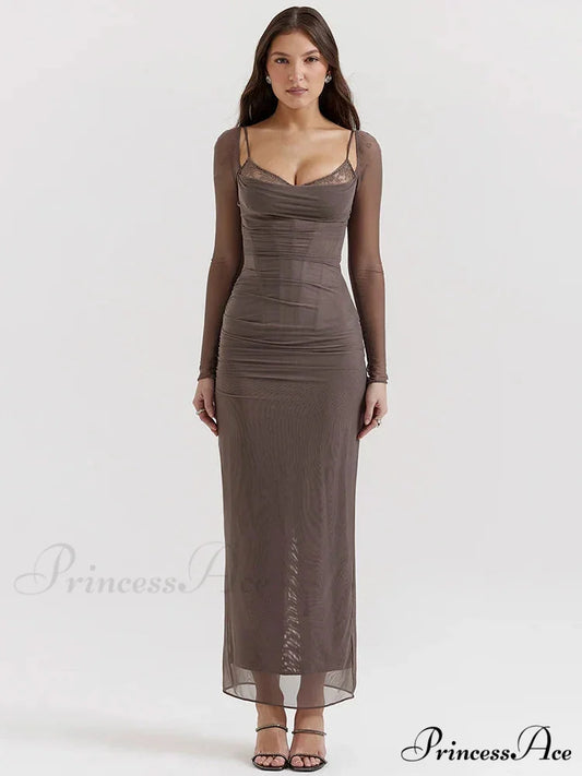 Sheer Long Sleeve Charming Bodycon Maxi Dress Brown / S