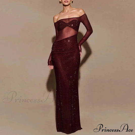 Sheer Mesh Sequin Banquet Party Dress Wine Red / S