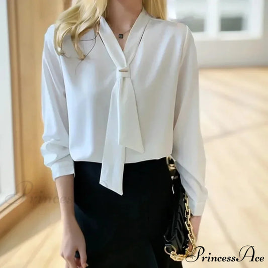 Sheer Plunging Neckline Bow Relaxed Full Sleeve Ivory Top blouse-250126