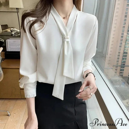 Sheer Plunging Neckline Bow Relaxed Full Sleeve Ivory Top WHITE / S blouse-250126