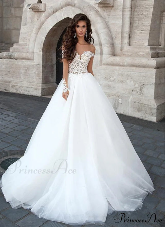 Sheer V-Neck Off-Shoulder Bridal Gown White / 2 weddingdress-250223