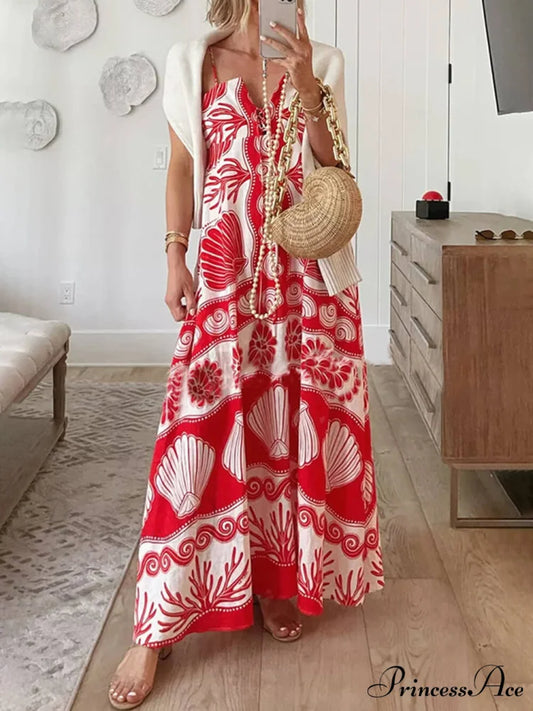 Shell Unique Print Front Graceful Lace-Up Loose Maxi Dress Red / S