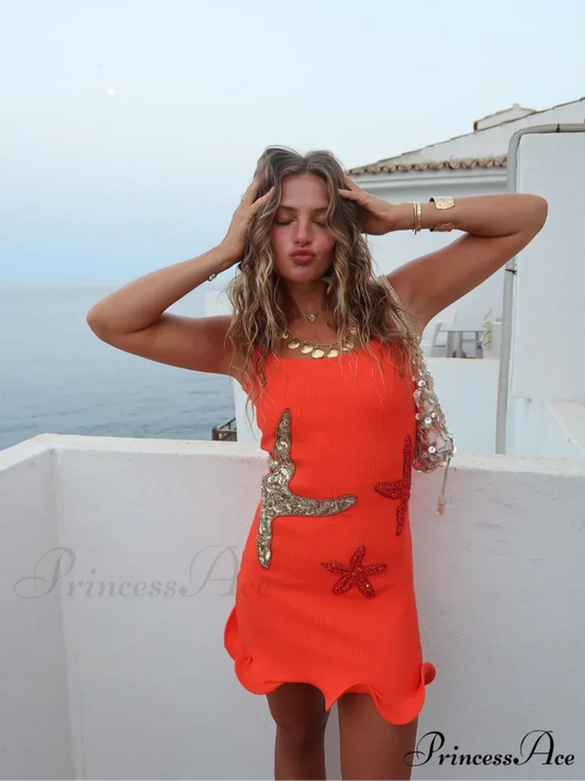 Shimmering Beaded Short Dress Orange / S minidress-250223