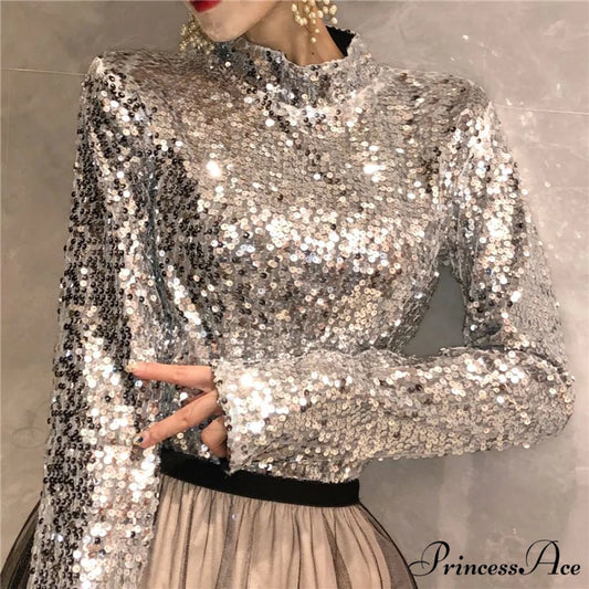 Shinny Sequin Long Sleeve Party Glitter Slim Festival Chic Tshirt Silver / S