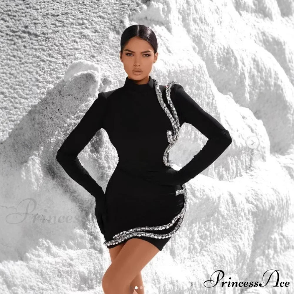 Shiny Gem High Collar Long Sleeve Prom Dress BLACK / XS promdress-250223