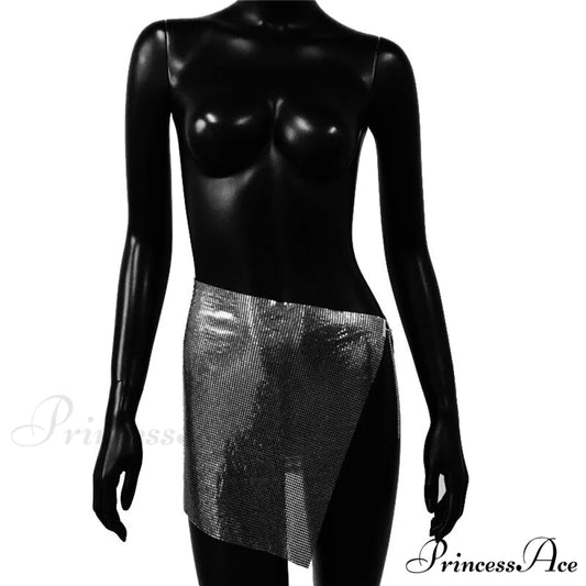 Shiny Hollow Out Split Metal Sequins Solid See Through Skirt Black / S
