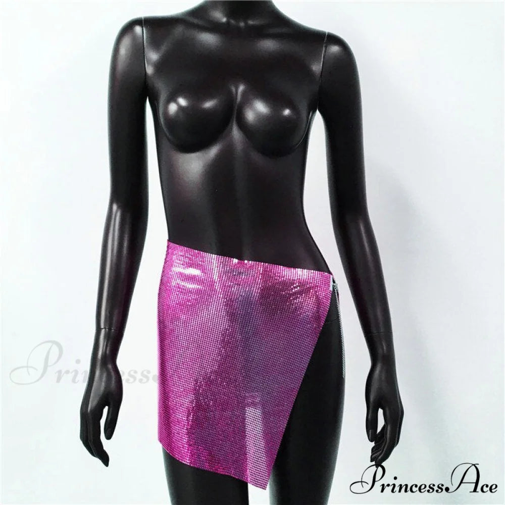 Shiny Hollow Out Split Metal Sequins Solid See Through Skirt Rose Red / S