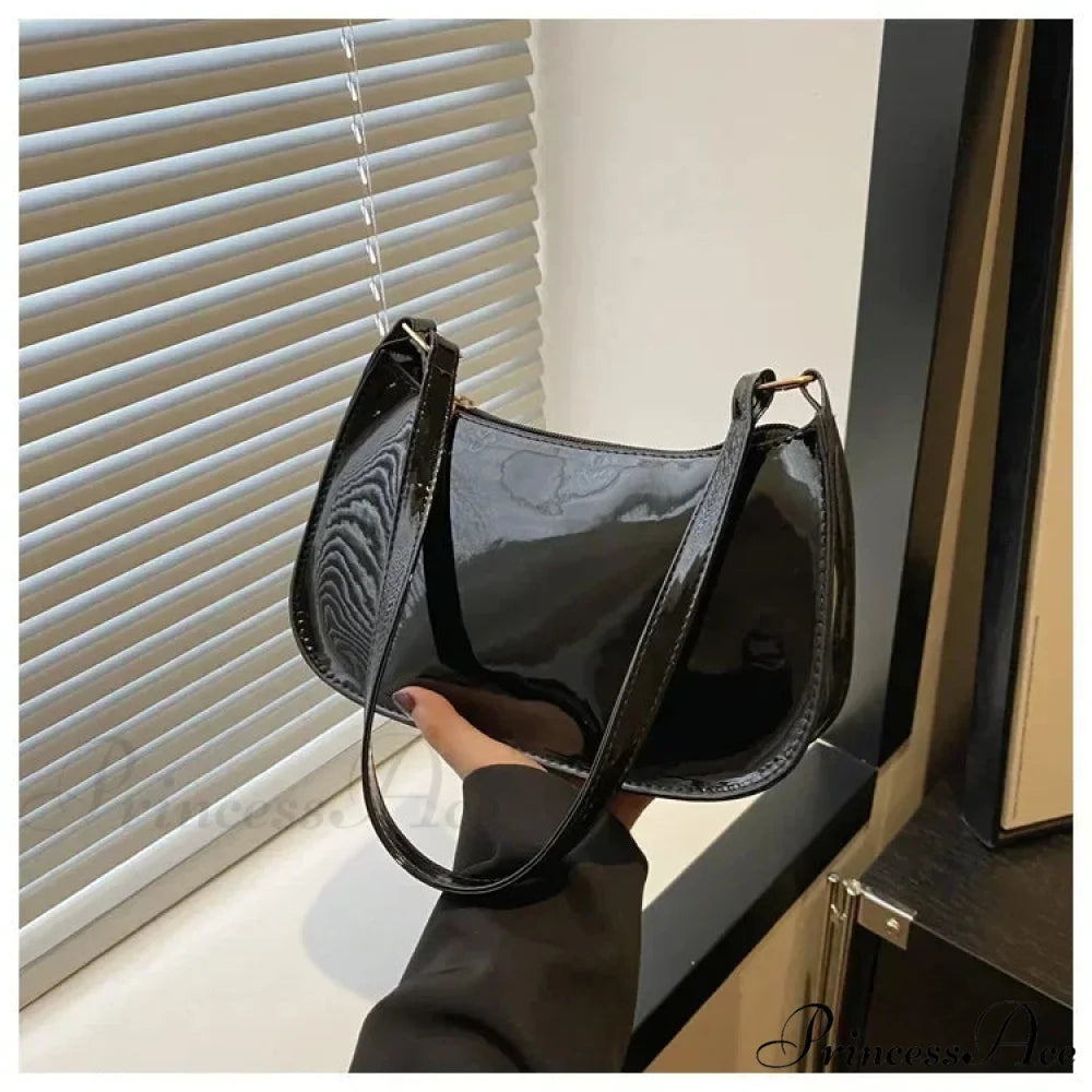 Shiny Leather Designer Shoulder Purse Black shoulder-250126