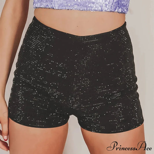 Shiny Rhinestone High Waist Summer Beach Nightclub Streetwear Casual Short BLACK / S