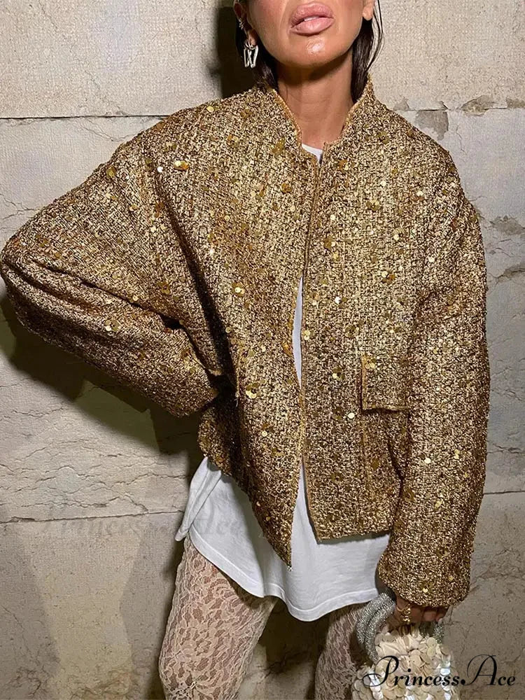 Shiny Sequins Bomber Brief Coat coats-241228