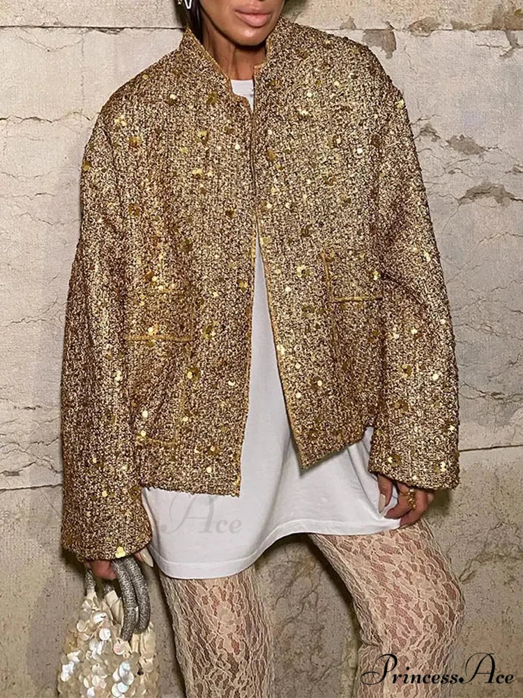 Shiny Sequins Bomber Brief Coat coats-241228