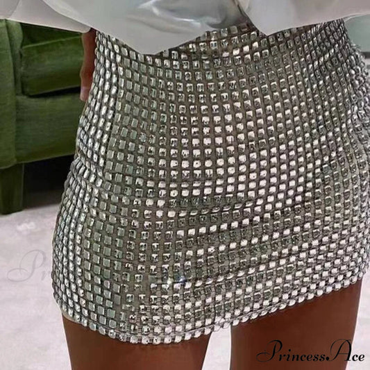 Shiny Sequins Chic Bodycon Solid Color Mini Skirt