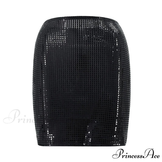 Shiny Sequins Chic Bodycon Solid Color Mini Skirt Black / S
