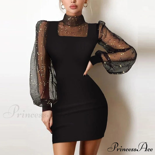 Shiny Silk Turtleneck Mesh Patchwork Long Sleeve A-line Dress 01 Mesh Black / S